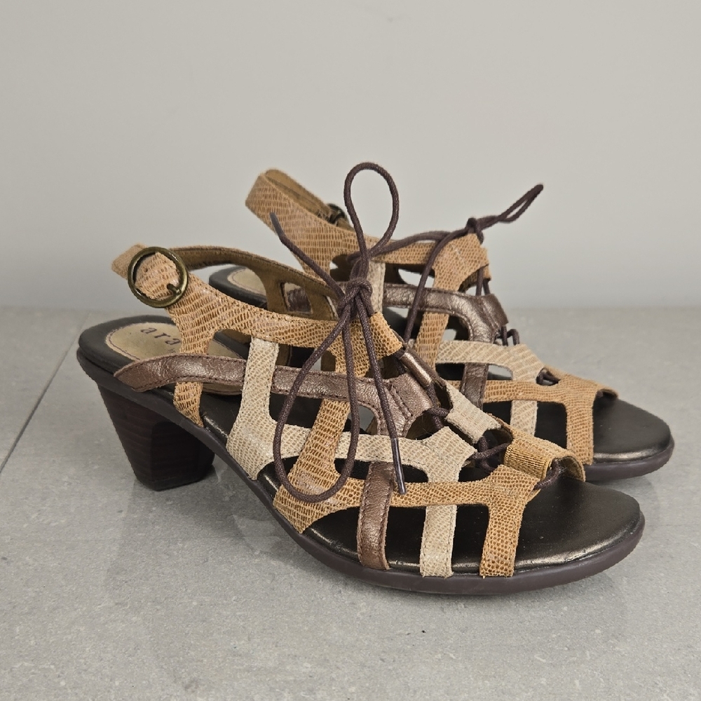 Aravon Brown & Tan Lace Up Heeled Sandals Boho Chic, Size 6.5